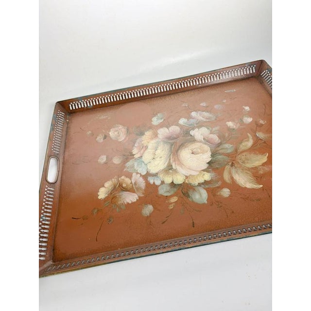 Metal Red Metal Tray with Floral Decoration, France, 1950s For Sale - Image 7 of 10