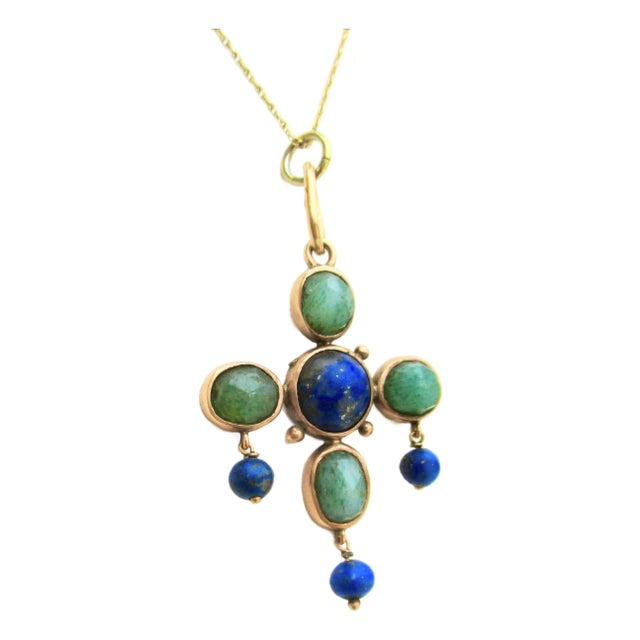 Antique 14 Kt Gold Necklace and Lapis and Agate Pendant For Sale