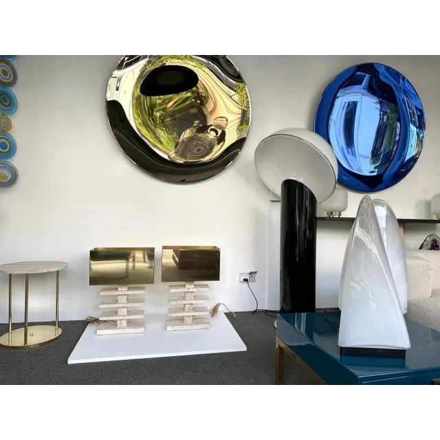 Mid-Century Modern Contemporary Pair of Travertine Blade Lamps and Brass Shades. Italy For Sale - Image 3 of 11