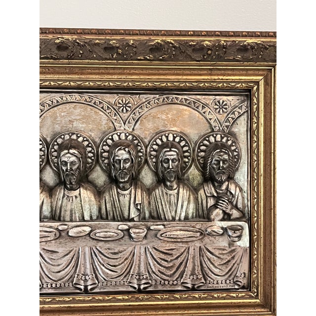 Signed J. Hidalgo Egido 1965 Spanish Last Supper Metal Relief Wall Plaque For Sale - Image 10 of 12