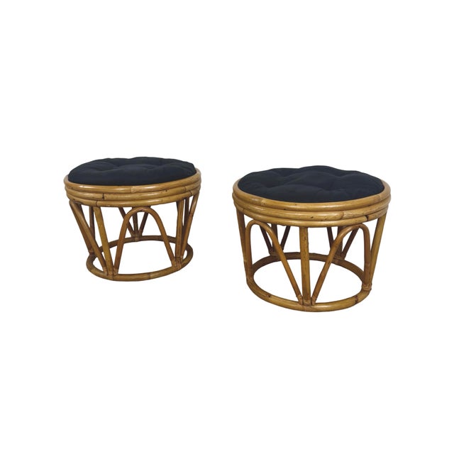 Pair of 1970s Vintage Rattan and Bamboo Round Ottoman Footstools For Sale - Image 13 of 18