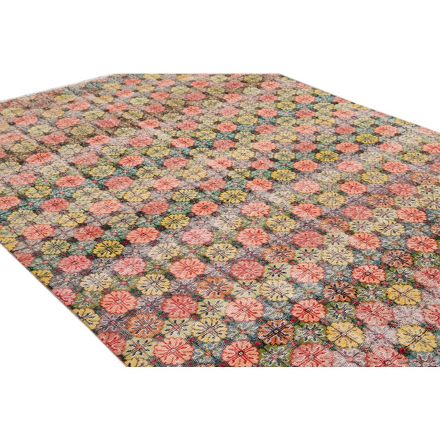 Textile Vintage Turkish Art Deco Handmade Pink and Yellow Floral Wool Rug For Sale - Image 7 of 8