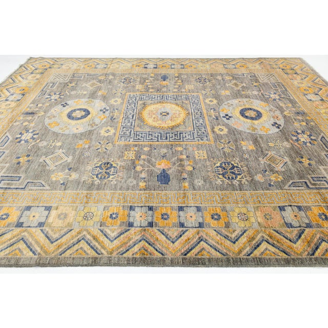 Blue Modern Khotan Style Handmade Wool Rug - Slate Grey & Ochre Geometric Design For Sale - Image 8 of 10