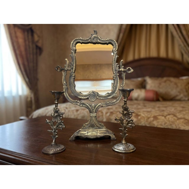 Brass Handmade Antiqued Brass Mirror Candlestick Set For Sale - Image 8 of 14