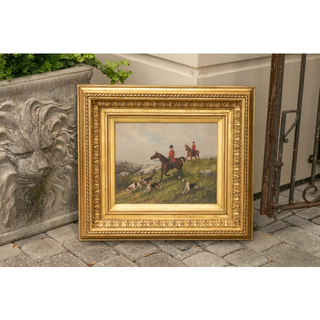 English 1880s Oil on Board Painting Depicting a Hunting Scene, in Antique Frame For Sale - Image 4 of 12