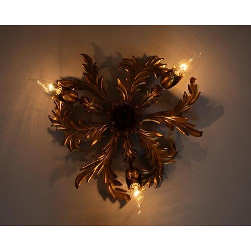 Rococo 1950s Large Gilt Italian Flush Mount For Sale - Image 3 of 9