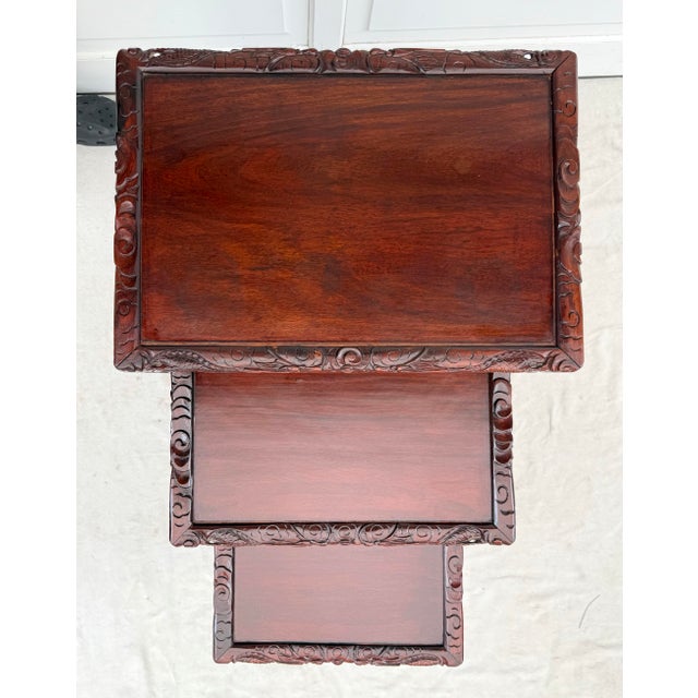 Mid 20th Century Set of 3 Asian Chinese Carved Rosewood Nesting Tables For Sale - Image 5 of 12