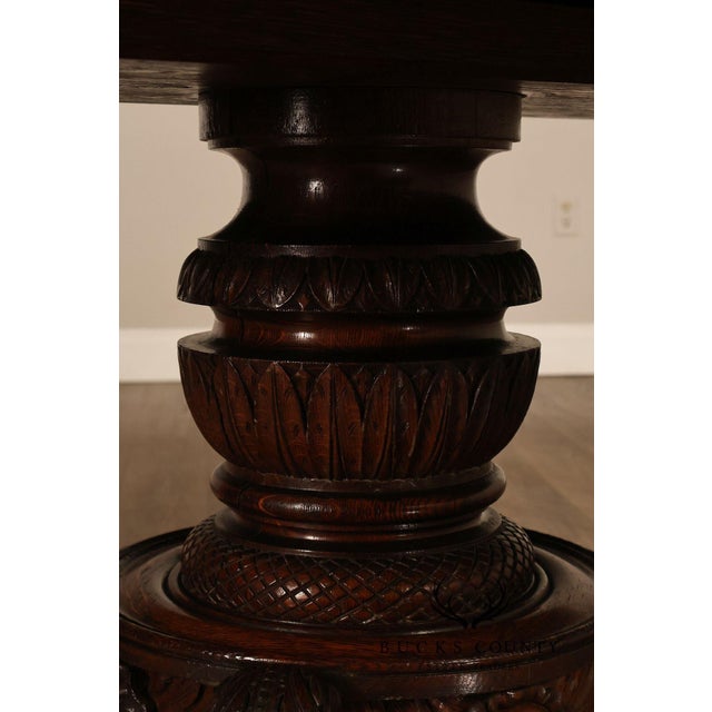 Victorian Antique 57" Round Oak Pedestal Dining Table With Carved Claw Feet For Sale - Image 3 of 18