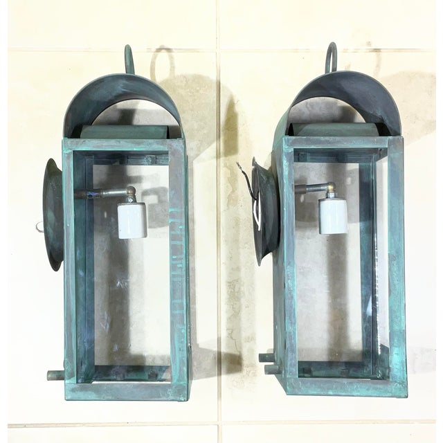 Pair of Custom Hand-Crafted Solid Copper Wall Lanterns -17”x 6”25 Wide X 7”deep For Sale - Image 9 of 10