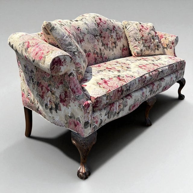This elegant vintage humpback sofa made by Highland House Furniture features a graceful camelback silhouette upholstered...