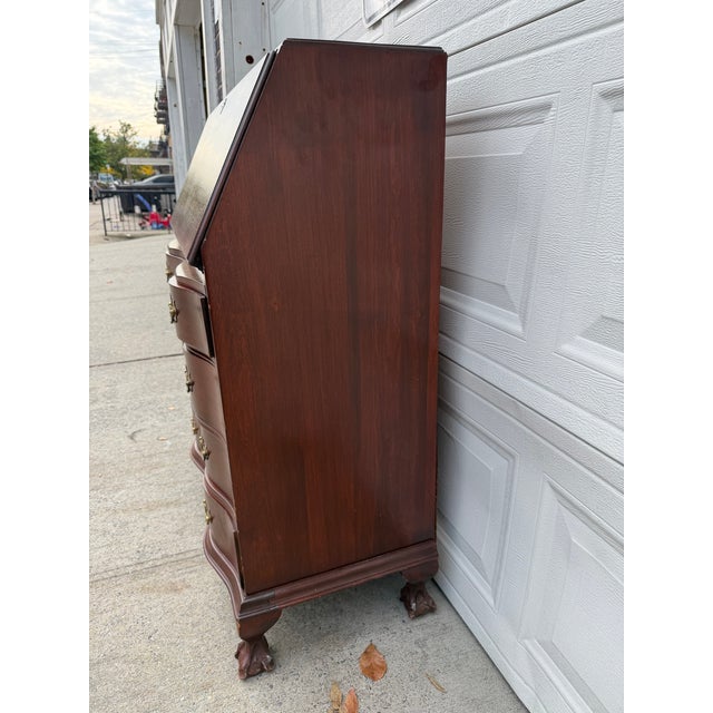 Mid 20th Century Vintage Chippendale Style Mahogany Secretary Desk With Serpentine Drawers, Ball and Claw Feet & Drop Front For Sale - Image 5 of 12
