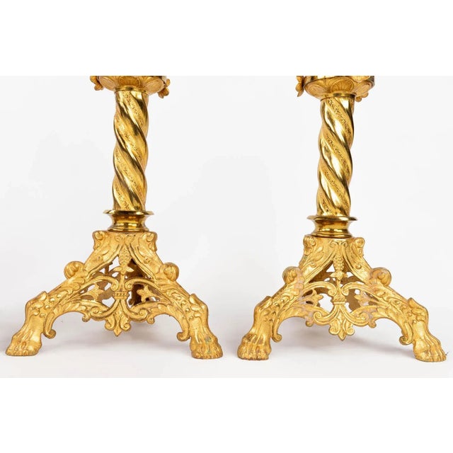 1900 - 1909 Pair of 1900s Tiered Gilt Brass European Gothic Revival Pricket Candlesticks With Solomonic Spiraling Stems For Sale - Image 5 of 6