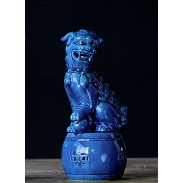 Blue Pair of Blue Glazed Porcelain Guardian Lions – 10.6" Foo Dogs on Drum Bases For Sale - Image 8 of 9