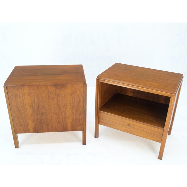 Mid-Century Modern Pair Finished Back Danish Mid Century Modern One Drawer Walnut Night Stands MINT For Sale - Image 3 of 18