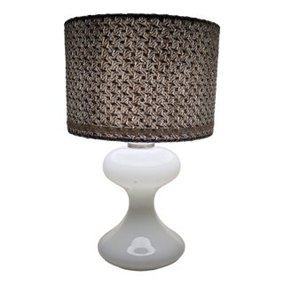 Vintage Table Lamp with Opaque White Glass Base and Fabric Shade from Lamplove, 1980s For Sale