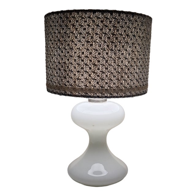Vintage Table Lamp with Opaque White Glass Base and Fabric Shade from Lamplove, 1980s For Sale