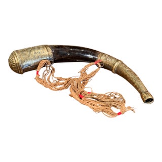 19th Century French Mounted Drinking Horn With Engraved Brass and Tassels For Sale