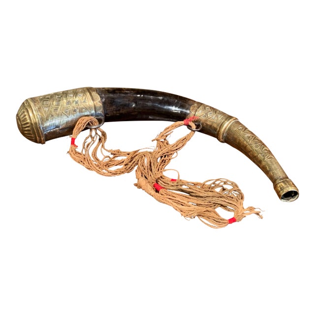 19th Century French Mounted Drinking Horn With Engraved Brass and Tassels For Sale