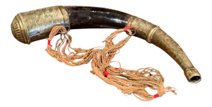 19th Century French Mounted Drinking Horn With Engraved Brass and Tassels