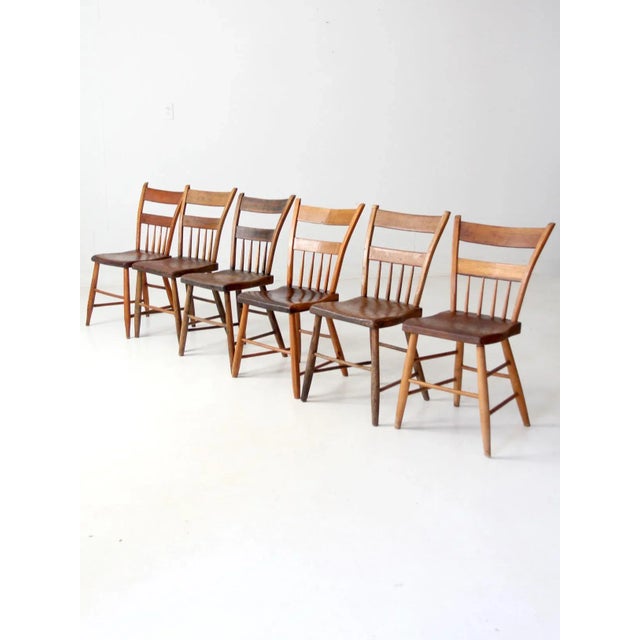 Farmhouse Antique Primitive Plank Seat Chairs Set of 6 For Sale - Image 3 of 17