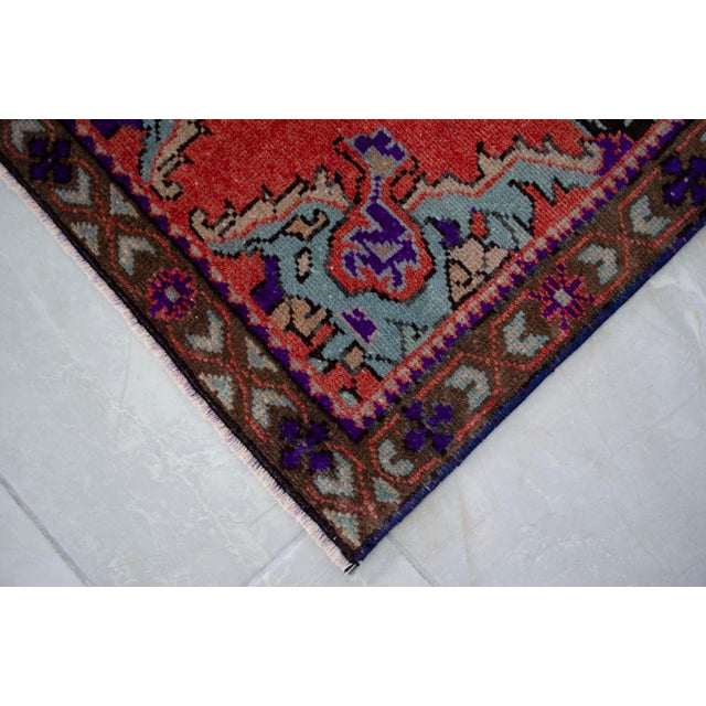 Textile 1960s Small Turkish Rug Hand Knotted Entryway Mat Bath Rug Kitchen Rug - 19'' X 41'' For Sale - Image 7 of 8