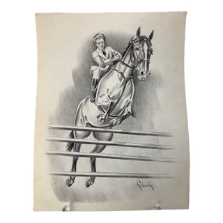 1940s Original Signed Graphite Illustration of Show Jumper on Horse, 11.5 X 9 In. For Sale