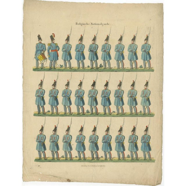 Belgian National Guard – Infantry Drill and Uniforms, c.1830–1840 This finely hand-colored military print depicts the...