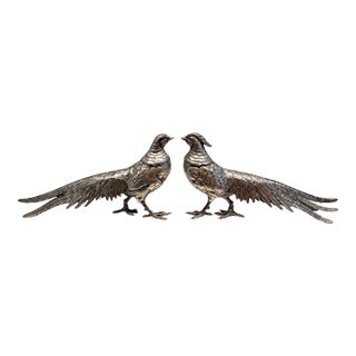 Pair of Vintage Large Chinese Brass Silver-Plated Pheasant Sculpture Figurines For Sale