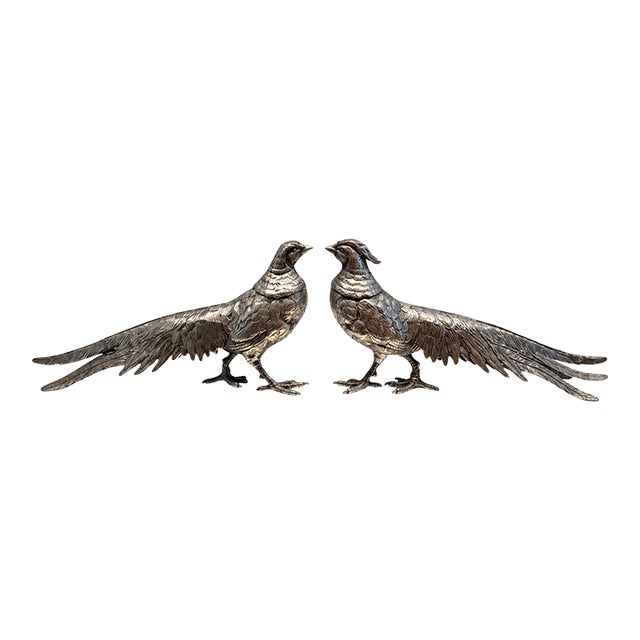 Pair of Vintage Large Chinese Brass Silver-Plated Pheasant Sculpture Figurines For Sale