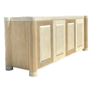 Vintage Washed Pencil Reed Credenza With Travertine Top For Sale