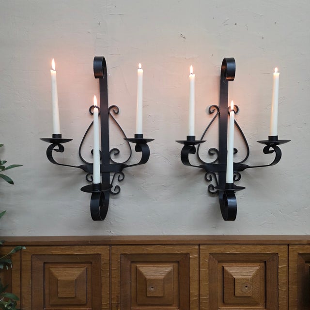 1960 Spanish Revival Three-Arm Wrought Iron Candle Sconces, Pair For Sale - Image 12 of 14