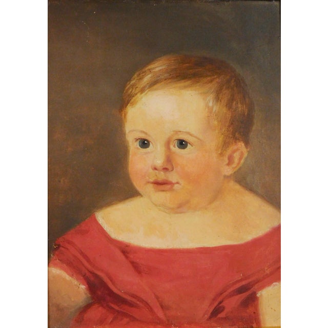 Antique 19th century American Federal oil painting - portrait of a young girl in a red dress. The sitter with rosy cheeks...