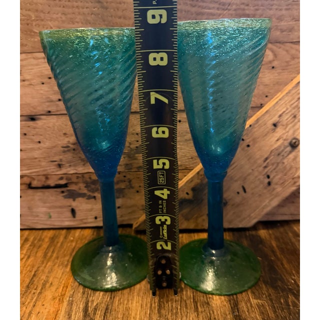 Glass Vintage Glasses Mexican Hand Blown Blue Green Wine Glass Goblets Swirl Pattern 8.5” - a Pair For Sale - Image 7 of 8