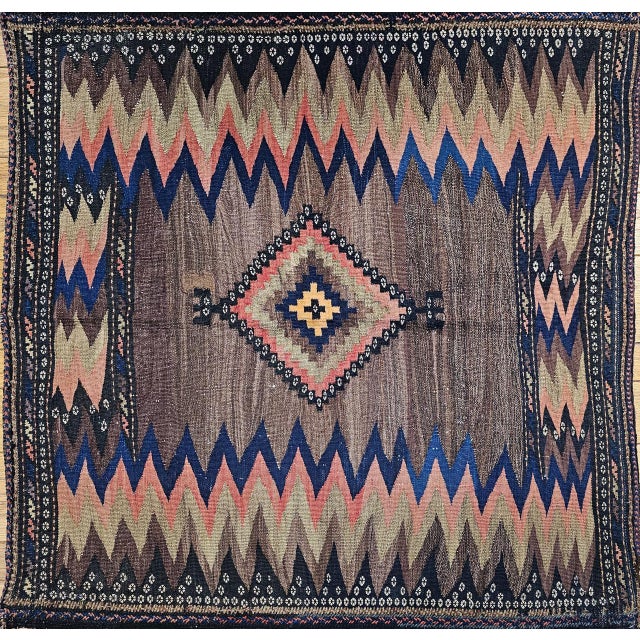Antique Persian Qashqai Tribal Sofreh Kilim Rug, Handwoven Wool, Geometric Pattern, Brown, 4x4 For Sale - Image 10 of 13