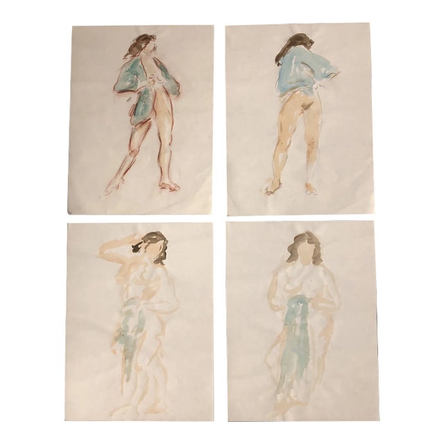 Gallery Wall Collection-4 Original 1970’s Vintage Female Nude Watercolor Study Drawings/Paintings For Sale