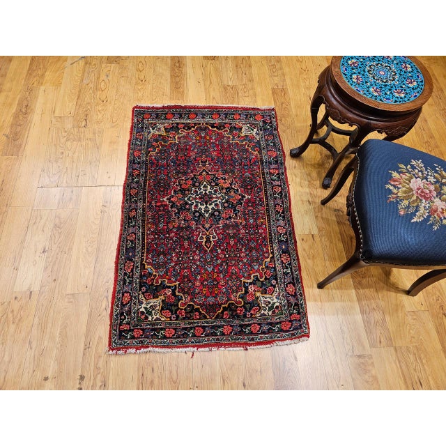 Persian Vintage Persian Bidjar Rug, Hand-Knotted Wool, Geometric Medallion Pattern, Red & Navy, 3x4 For Sale - Image 3 of 16