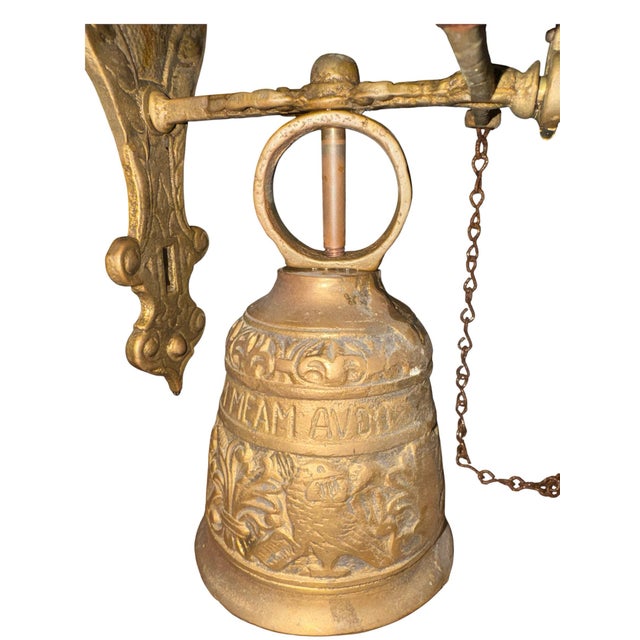 1900 - 1909 1900-1909 Brass Monastery Wall Mounted Bell With Latin, an Angel, and Dragons For Sale - Image 5 of 8