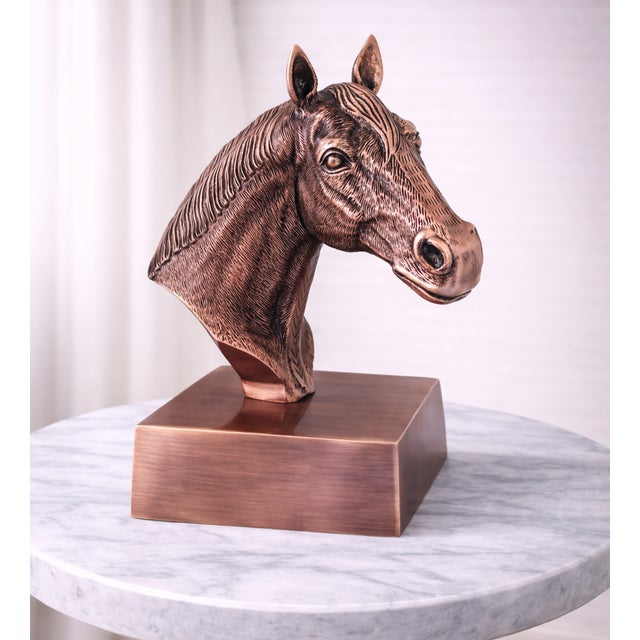 Modern Antique Copper Finish Metal Hand Carved Horse Head Bust Sculptures For Sale - Image 3 of 10