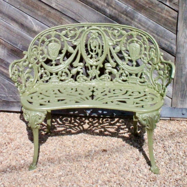 Metal Set of Green Painted Metal Outdoor Garden Furniture: Antique Cameo Pattern, Six Pieces For Sale - Image 7 of 17