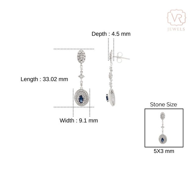 Ink Blue Vintage Oval Blue Sapphire & Diamond Halo Drop Earrings in 14k White Gold- A Pair For Sale - Image 8 of 12