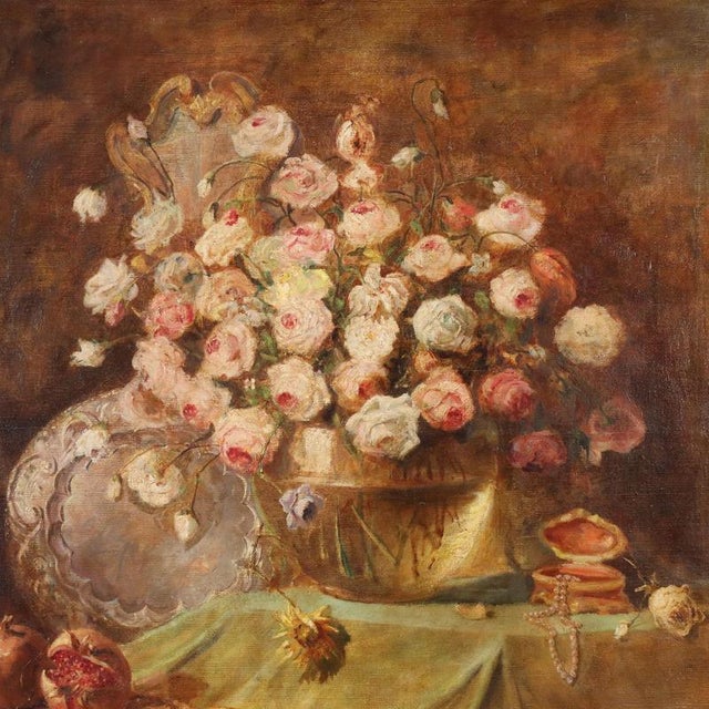 Still Life with Roses, Pomegranates and Pearl Necklace, Oil on Canvas For Sale - Image 3 of 11
