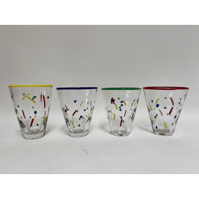 John Burchetta Signed Studio Art Glass Tumblers, Multicolor Confetti Murano Style, Set of 4, 1995. A striking and highly...