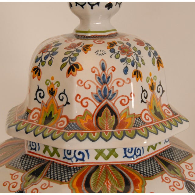 Ceramic Tall Polychrome Delft Lidded Vases, 1940s, Set of 2 For Sale - Image 7 of 11