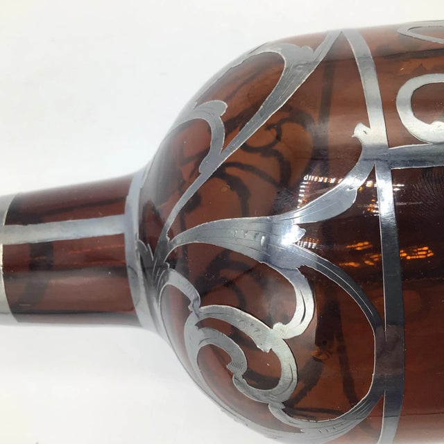 Silver Overlay Rye Decanter Antique Art Nouveau Amber Glass by La Pierre For Sale - Image 10 of 13