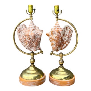 Vintage Brass and Wood Shell Lamps - Pair For Sale