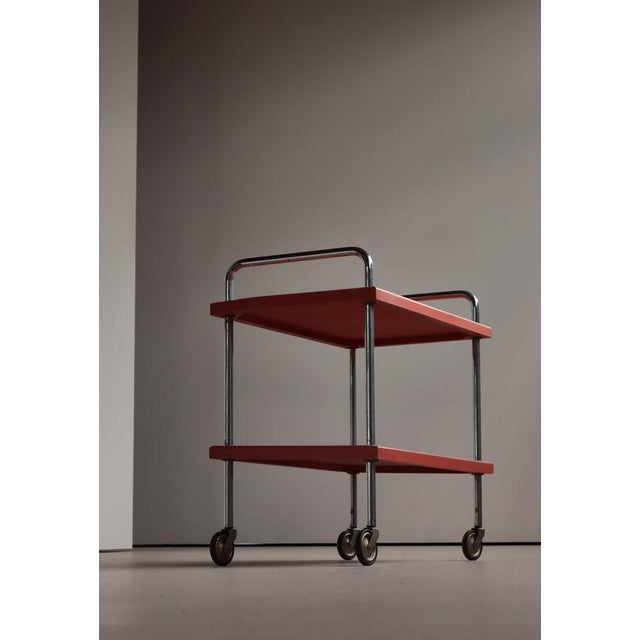 Functionalist Scandinavian Red Lacquered Steel Tube and Wood Serving Cart, 1930s For Sale - Image 4 of 18