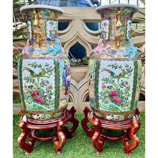 Pair of Large Antique Chinese Famille Rose Porcelain Palace Vases with Rosewood Stands – 23.5” A striking and beautifully...
