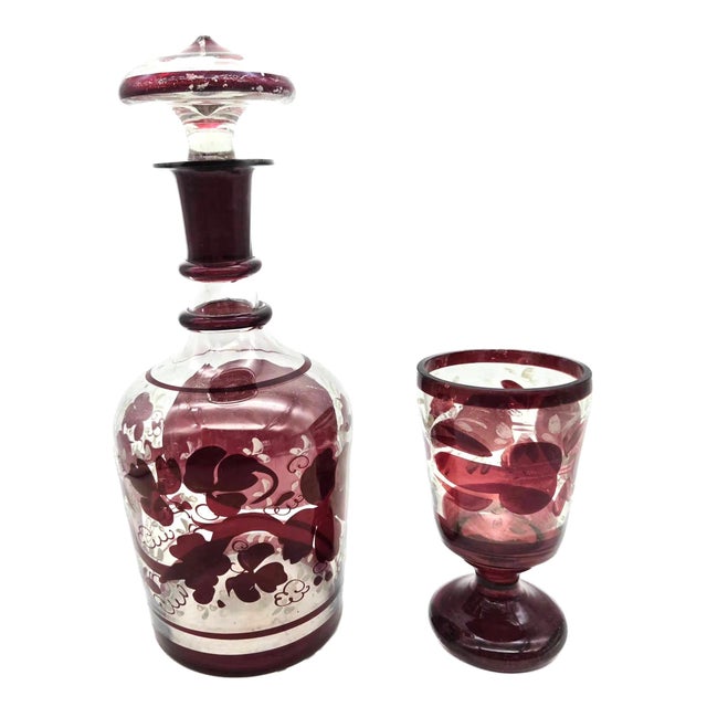 Biedermeier Bohemian Style Ruby Red Crystal Decanter & Goblet, Set of 2 Pieces For Sale - Image 3 of 8