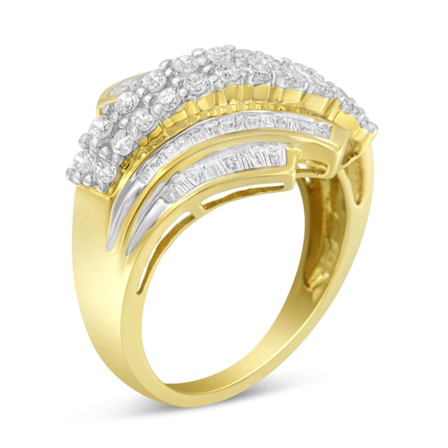 Elegant and timeless, this 10K yellow gold diamond statement ring features 1.0 carat total weight of diamonds with 64...