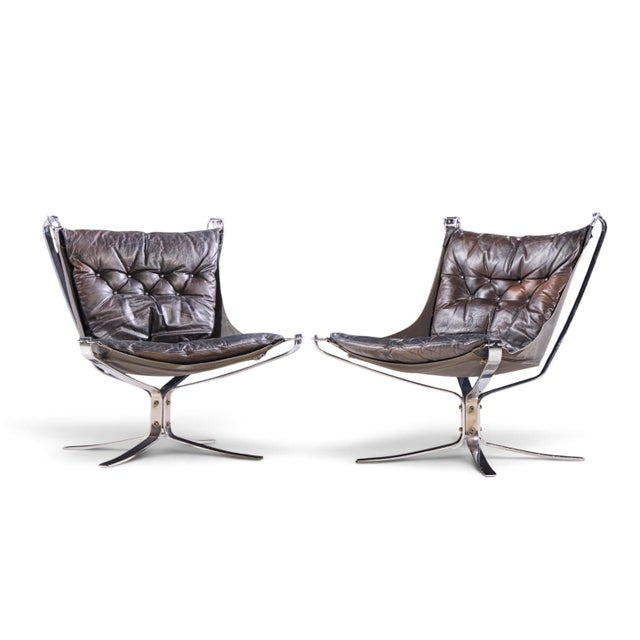 Sigurd Ressell for Vatne Møbler Mid Century Chrome Falcon Lounge Chairs - Pair Each chair measures: 27 wide x 29 deep x 33...